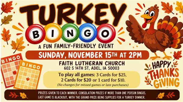 Faith Adel Lutheran Turkey Bingo